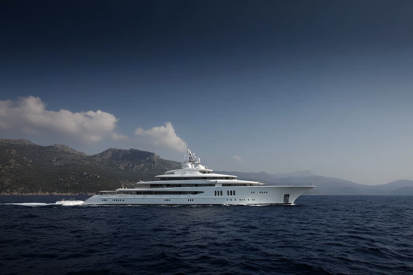 Superyacht being launched from covered building hall — bow view showing completed hull before outfitting begins